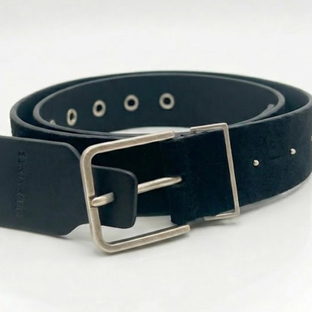 AllSaints 38mm Suede Leather Warm Brass Eyelet Belt, Black XS NWT